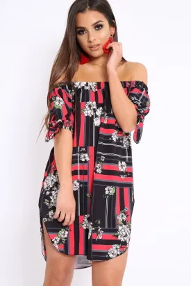 Black and Red Floral Bardot Dress - Zhen