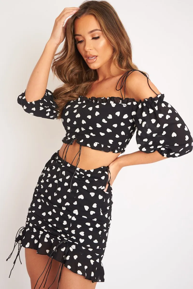 Black White Ruched Frill Heart Print Crop Top and Skirt Co-ord - Skyelar