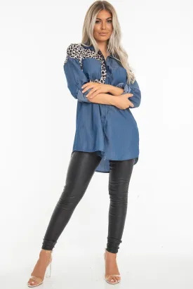 Blue Denim Leopard Print Insert Button Down Shirt - Shelby