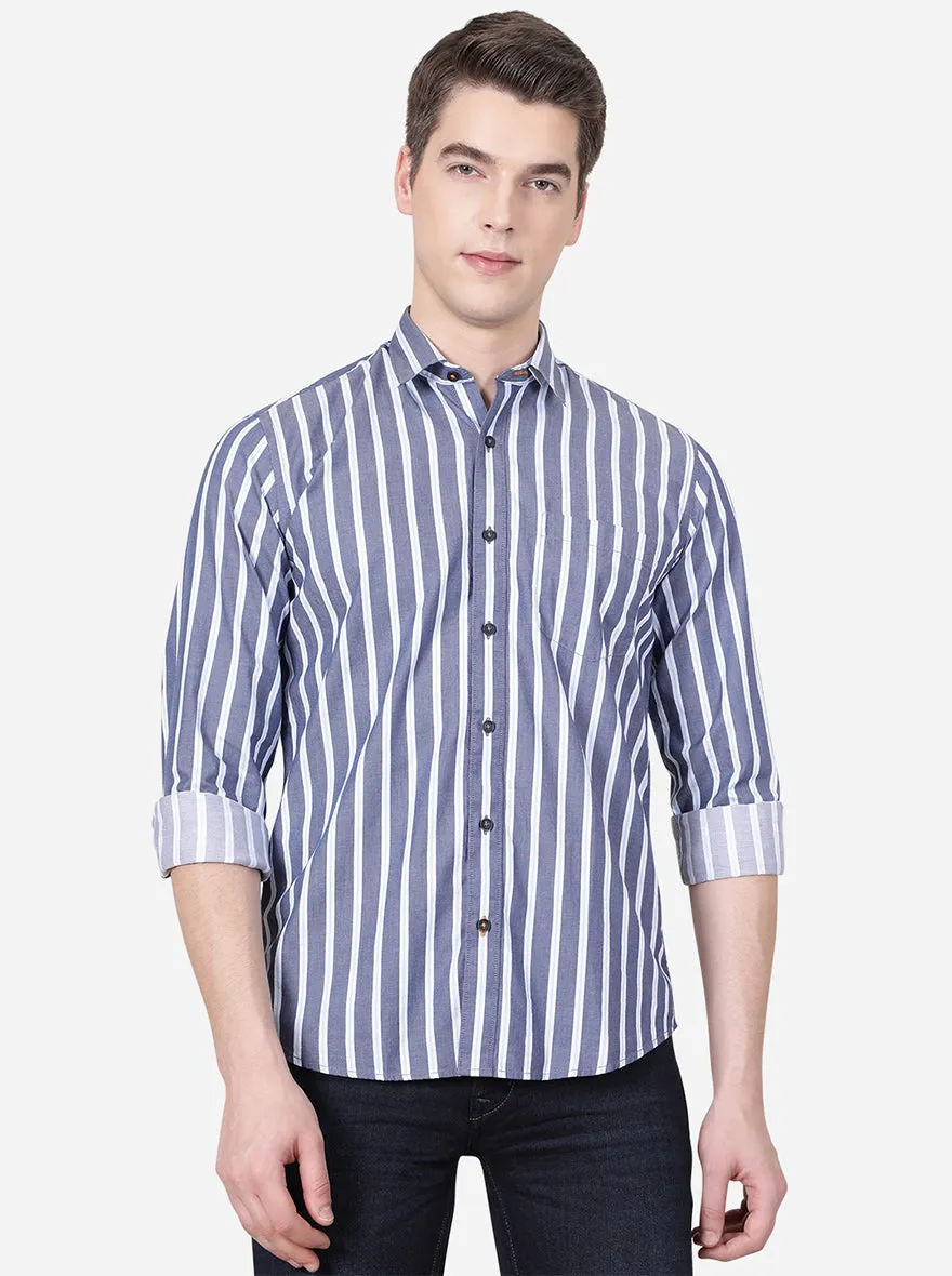 China Blue Striped Slim Fit Casual Shirt | JadeBlue