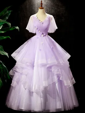 Fairy Purple Floral Floor Length Prom Dress Beautiful V-Neck Party Birthday Dress