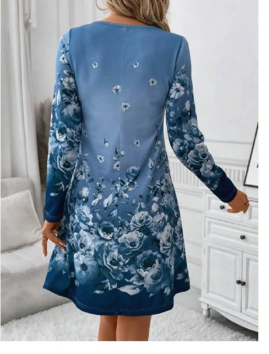 Fashion Beauty Style 7 Floral Print Blue Dress