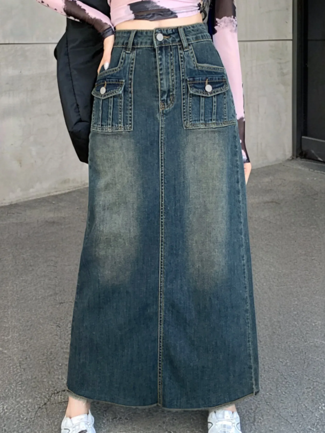 Flap Pocket Raw Hem Distressed Washed Denim Skirt, Retro Slash Pocket Maxi Denim Skirt, Women's Denim Jeans & Clothing