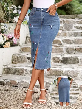 Floral Midi Denim Skirt For Women, Elegant High Waisted, Front Split, Casual Chic Jean Skirt