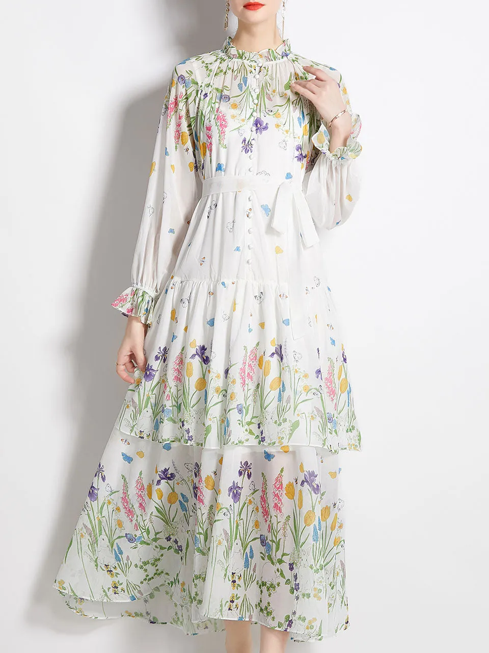 Green Floral Print Ruffles Collar Long Sleeve Maxi Holiday Dress