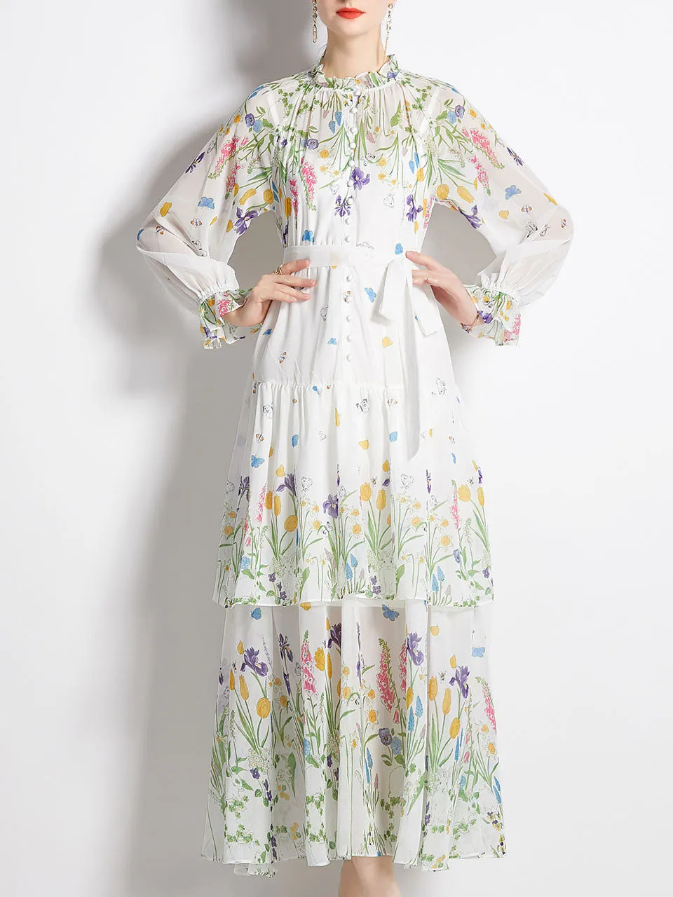 Green Floral Print Ruffles Collar Long Sleeve Maxi Holiday Dress