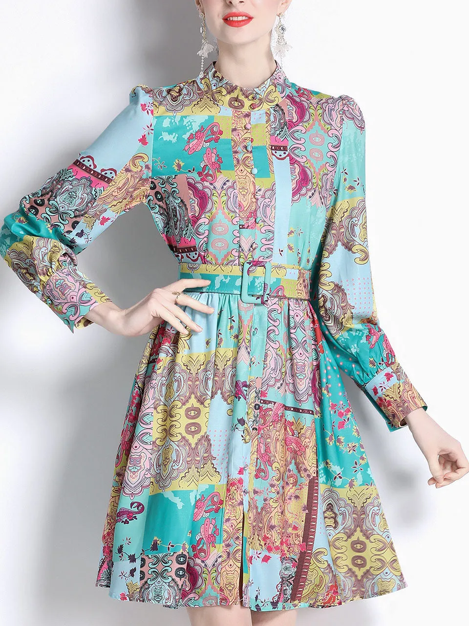 Green Romantic Floral Print Long Sleeve With Belt Holiday Dress