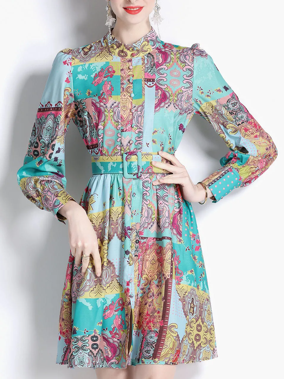 Green Romantic Floral Print Long Sleeve With Belt Holiday Dress