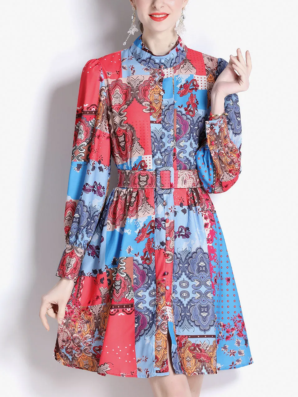 Green Romantic Floral Print Long Sleeve With Belt Holiday Dress