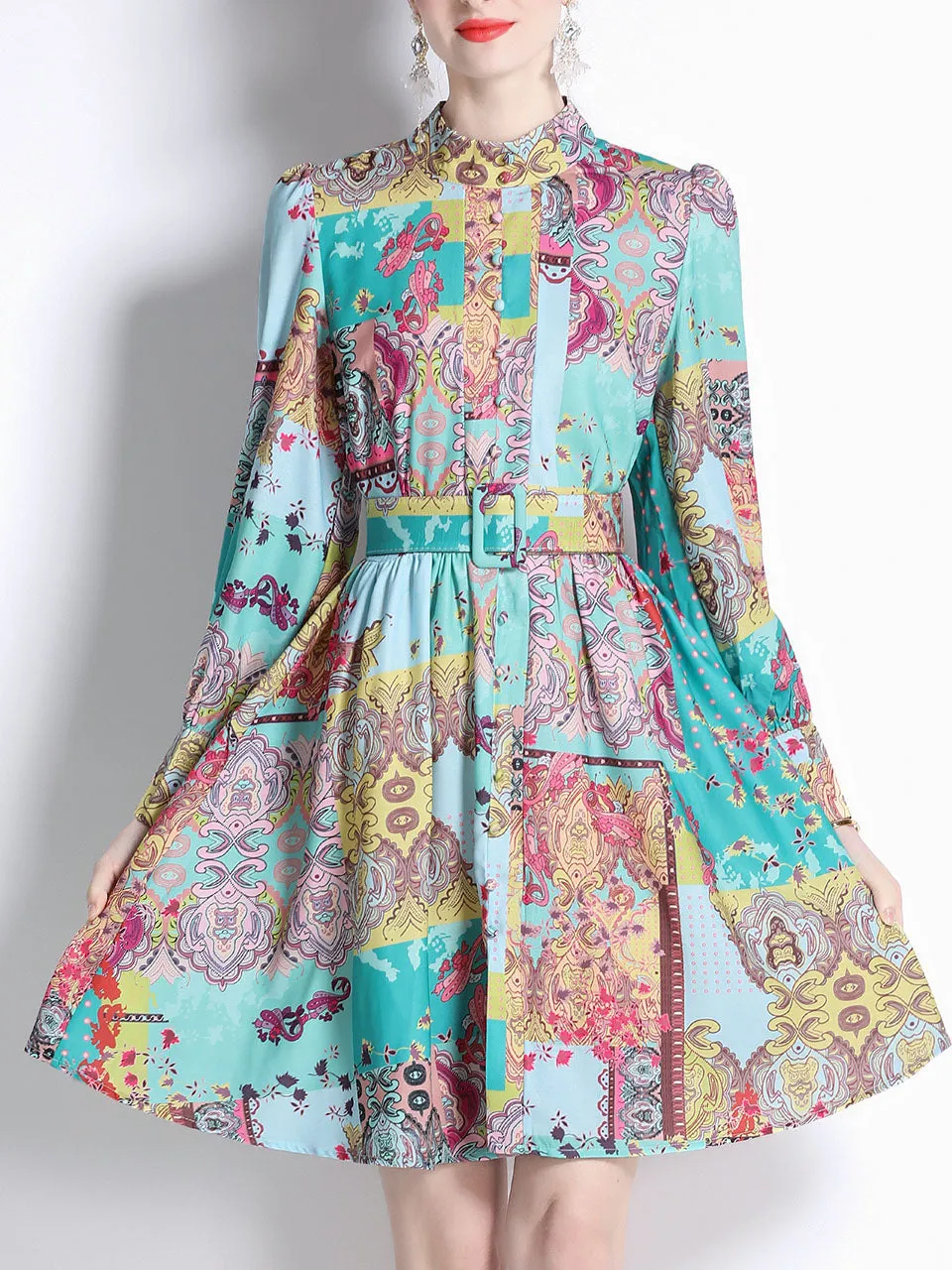 Green Romantic Floral Print Long Sleeve With Belt Holiday Dress