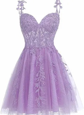 Lavender Tulle Lace Applique Homecoming Dress Floral Tulle Short Prom Dress