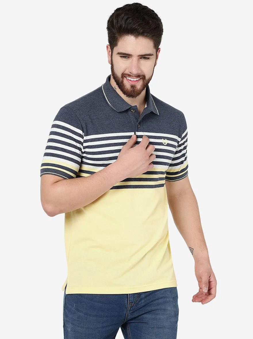 Navy Blue & Yellow Striped Slim Fit Polo T-Shirt | Greenfibre