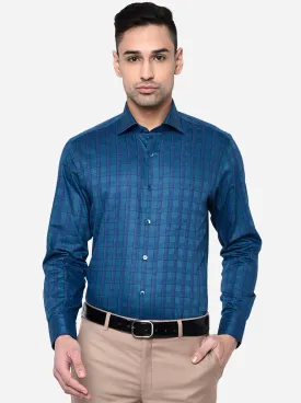 Peacock Blue Checked Slim Fit Formal Shirt | Metal