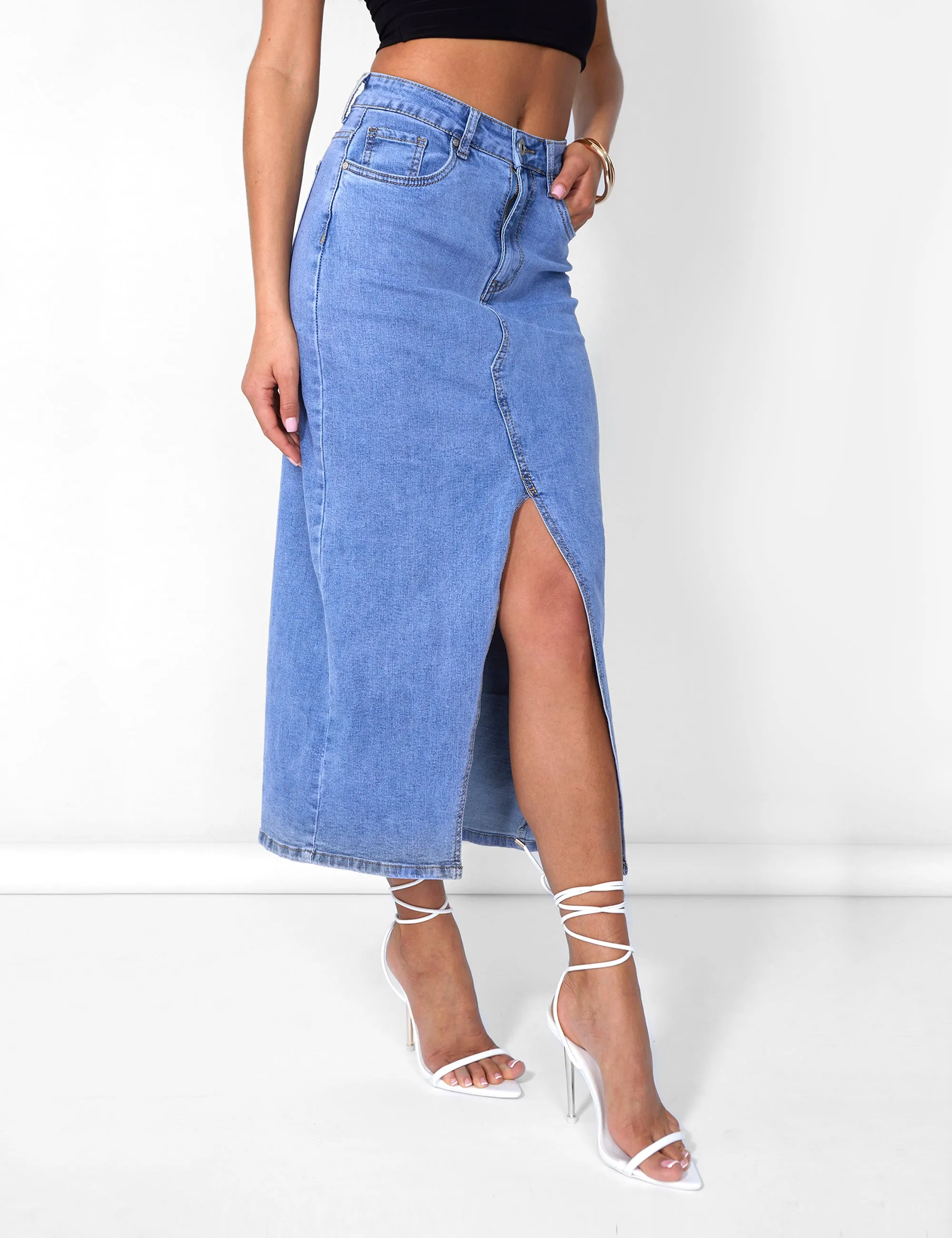 Split Front Longline Denim Skirt Blue Wash