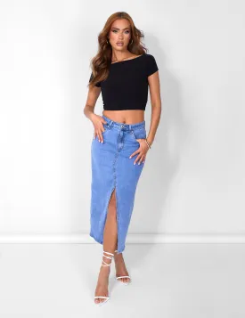 Split Front Longline Denim Skirt Blue Wash