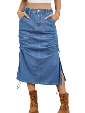 TEEK - Blue Washed Elastic Waist Drawstring Denim Skirt