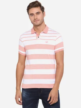 White & Peach Striped Slim Fit Polo T-Shirt | Greenfibre