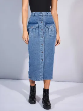 Women Blue Washed Denim Front Button Midi Skirt