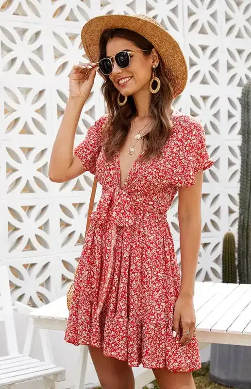 Women’s Floral Print Tie Front Short Sleeve Mini Dress