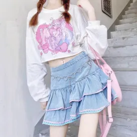 Y2K Sweet Cute Pink & Blue Rim Blue Denim Layered Mini Skirt