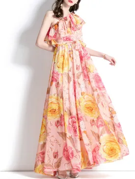 Yellow And Pink One Shoulder Rose Floral Print Boho Dress Maxi Dress