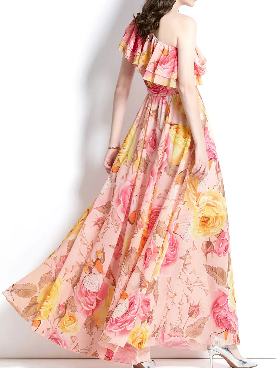 Yellow And Pink One Shoulder Rose Floral Print Boho Dress Maxi Dress