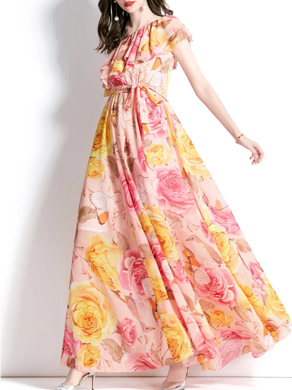 Yellow And Pink One Shoulder Rose Floral Print Boho Dress Maxi Dress